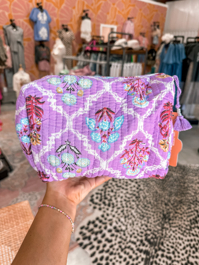 Purple Flower Quilted Cosmetic Tote Bag