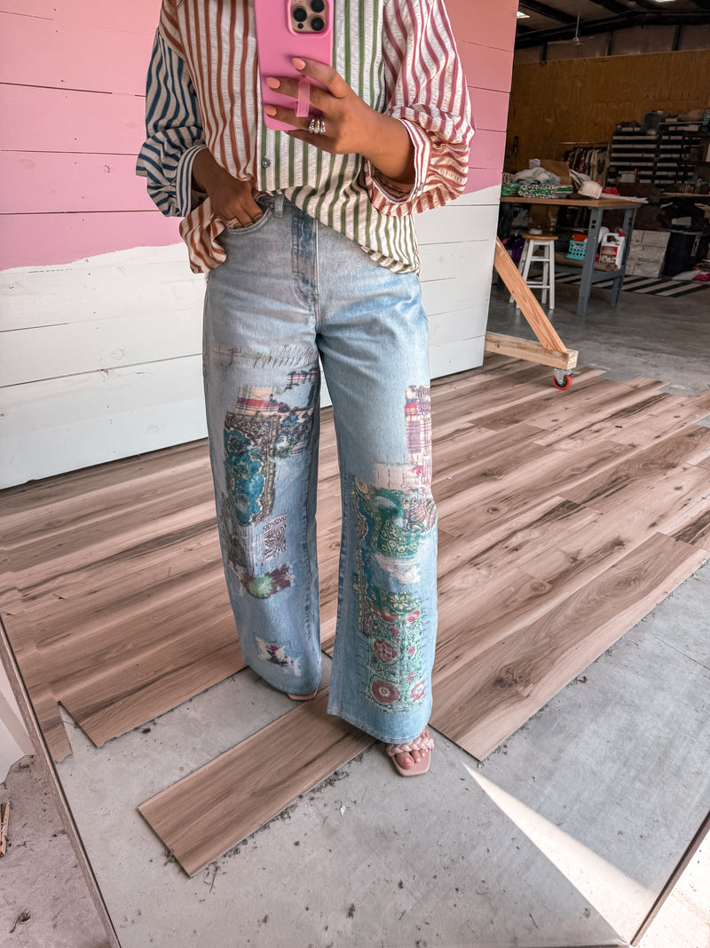 High Rise Patchwork Barrel Denim