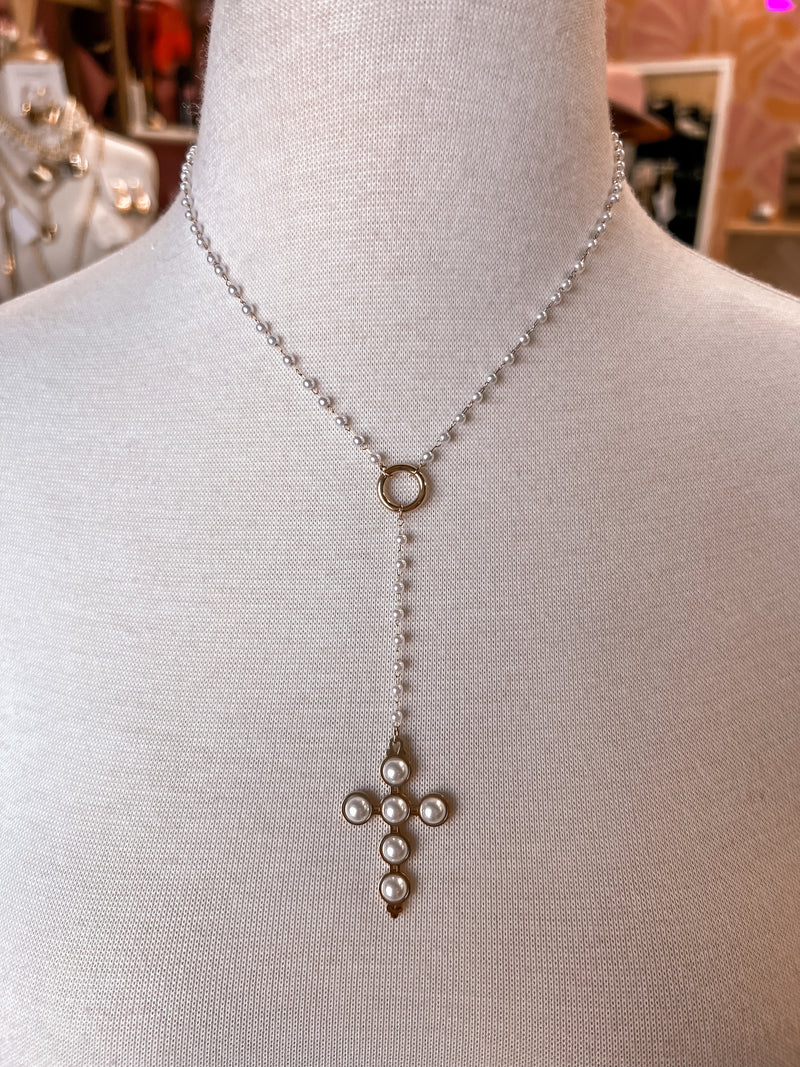 Lariat Pearl Cross Necklace
