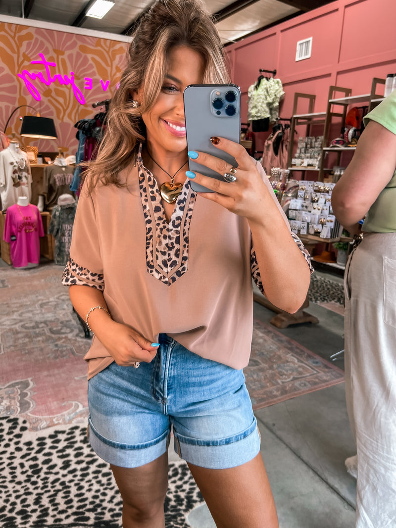 Lauren Leopard Trimmed Top (Taupe)
